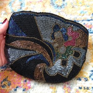 90's Vintage Classic Dainty Abstract Floral Beaded Zipped Mini Clutch Bag Black